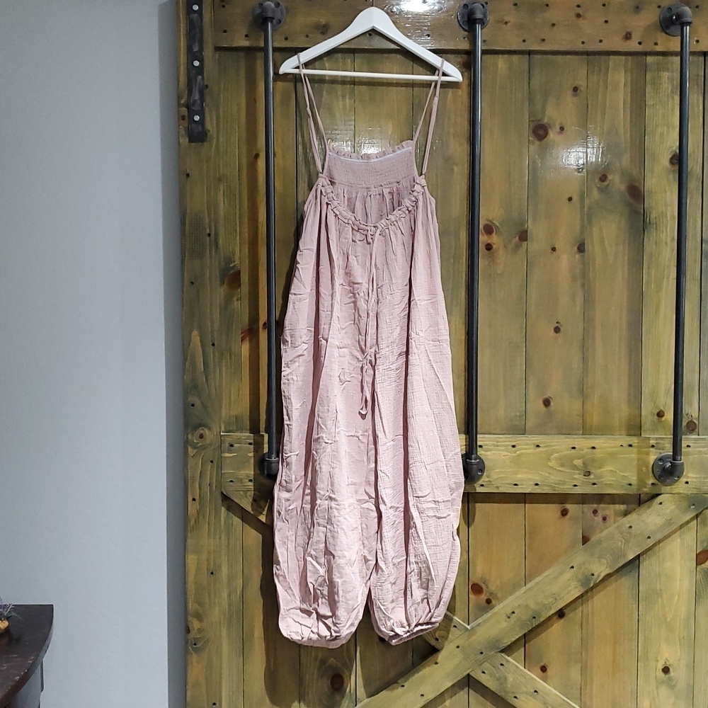 ROSE PINK ROMPER JUMPSUIT Harem SMALL SQUARE NECK  SPAGHETTI STRAP Pastel Boho - Picture 7 of 12